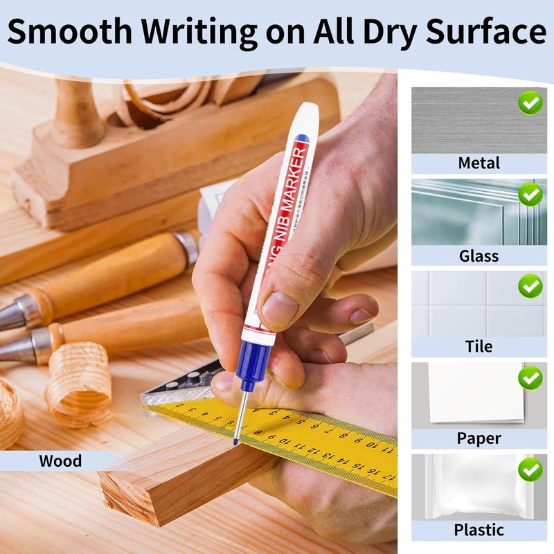 Mkobon 15 Pcs Long Head Deep Hole Marker, 20 mm Long Nose Nib Deep Reach Metal Marking Pen, Quick-drying Waterproof Permanent Pens For Carpenter, Woodworking, Construction (Blue) - Image 5